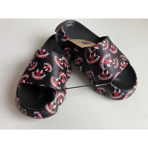 Men's Sz 11 Champion Meloso Squish Slide Smile Face Block Red Slides Sandals NEW - Picture 1 of 10